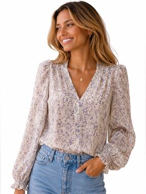 💜2 for $10- Jane Wood Paris Floral Blouse Ruffle V-Neck Long Sleeve
